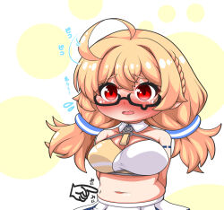 Rule 34 | 1girl, afterimage, ahoge, bare shoulders, black-framed eyewear, blonde hair, blue archive, blush, braid, breasts, cheerleader, cleavage, disembodied hand, flying sweatdrops, glasses, hair between eyes, highres, kotori (blue archive), kotori (cheer squad) (blue archive), kurukurumagical, long hair, low twintails, medium breasts, navel, nose blush, pleated skirt, poking belly, red eyes, simple background, skirt, solo focus, teardrop-framed glasses, thick eyebrows, translation request, twintails, white background, white skirt