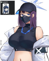 Rule 34 | 1girl, absurdres, bare shoulders, baseball cap, black hat, black shirt, blue archive, blue eyes, breasts, coat, cosplay, crop top, hat, highres, large breasts, long hair, looking at viewer, mask, midriff, mouth mask, navel, off shoulder, open clothes, open coat, original, pinepin, purple hair, saori (blue archive), saori (blue archive) (cosplay), screenshot inset, shirt, simple background, sleeveless, sleeveless shirt, stomach, white background, white coat