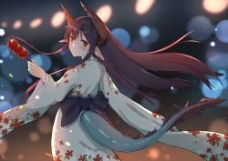 Rule 34 | 1girl, absurdres, artist name, blurry, blurry background, blush, candy apple, cowboy shot, d-cao, dragon girl, dragon tail, expressionless, food, from behind, gradient hair, highres, japanese clothes, kimono, long hair, long sleeves, multicolored hair, night, obi, original, pointy ears, purple hair, red eyes, red hair, sash, signature, slit pupils, solo, tail, very long hair, wide sleeves, wind, yukata