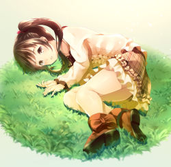 Rule 34 | 1girl, bad id, bad pixiv id, brown eyes, brown hair, casual, grass, looking at viewer, lying, no socks, original, parted lips, shoes, solo, weeds, yasuno (airy light)