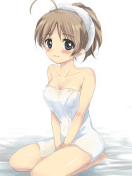 Rule 34 | 1girl, ahoge, alternate hairstyle, azumada, bad id, bad pixiv id, black eyes, blush, brown hair, eyebrows, lynette bishop, naked towel, solo, strike witches, towel, world witches series