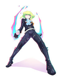 Rule 34 | 1boy, ascot, bae (baebae), biker clothes, black gloves, black jacket, fire, from below, gloves, green fire, green hair, highres, jacket, leather, leather jacket, leather pants, lio fotia, male focus, pants, promare, purple eyes, purple fire, pyrokinesis, solo