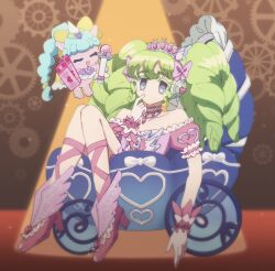 Rule 34 | 1girl, bare shoulders, bow, chizu (sleep saturday), colored eyelashes, commentary request, dress, falulu, full body, gears, gloves, green hair, grey eyes, hair bow, hand up, headphones, high heels, highres, holding, holding microphone, jewelry, long hair, looking at viewer, microphone, necklace, pink bow, pink dress, pink footwear, pink gloves, pretty series, pripara, priticket, puffy short sleeves, puffy sleeves, shoes, short sleeves, sidelocks, sitting, solo, spotlight, stroller, tiara, twintails, unicorn (pripara)