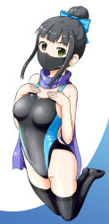 Rule 34 | 1girl, black hair, black one-piece swimsuit, black thighhighs, blue scarf, blunt bangs, commentary request, competition swimsuit, full body, green eyes, hair bun, hamaguchi ayame, haruno yomogi, highres, idolmaster, idolmaster cinderella girls, looking at viewer, mask, mouth mask, multicolored clothes, multicolored swimsuit, one-piece swimsuit, scarf, single hair bun, solo, swimsuit, thighhighs