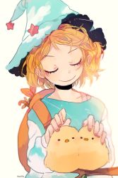 Rule 34 | 1girl, artist name, bird, blonde hair, blue hat, blue shirt, chick, closed eyes, closed mouth, commentary request, facing viewer, fingernails, haikyuu!!, hat, head tilt, highres, long sleeves, nail polish, pink nails, shirt, short hair, simple background, solo, star (symbol), twice12314, twitter username, white sleeves, yachi hitoka, yellow background