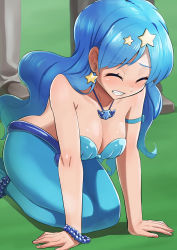 Rule 34 | 1boy, 1girl, absurdres, arm strap, bare shoulders, blue hair, blue tail, blush, bracelet, breasts, character request, cleavage, closed eyes, collarbone, commentary request, commission, earrings, full body, grass, hair ornament, hasegawa (hase popopo), highres, houshou hanon, jewelry, kneeling, long hair, mermaid, mermaid melody pichi pichi pitch, monster girl, necklace, pants, partial commentary, pearl bracelet, scene reference, shadow, shell, shell bikini, shell necklace, shoes, skeb commission, star (symbol), star earrings, star hair ornament, stomach, tail, tail ornament, teeth, very long hair, wavy hair