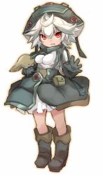 Rule 34 | 1girl, black footwear, black gloves, breasts, brown outline, commentary request, creature, full body, gloves, green hat, green skirt, hair between eyes, hat, highres, karukan (monjya), kneebar, long sleeves, looking at viewer, made in abyss, prushka, red eyes, shirt, skirt, small breasts, smile, solo, standing, teeth, upper teeth only, white background, white hair, white shirt