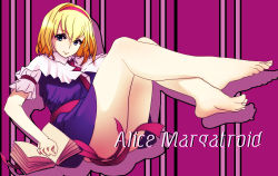 Rule 34 | 1girl, abstract background, absurdres, alice margatroid, barefoot, blonde hair, blue eyes, book, character name, english text, feet, full body, hairband, highres, legs up, looking at viewer, lumina (artist), ribbon, short hair, short sleeves, smile, soles, solo, text focus, toes, touhou