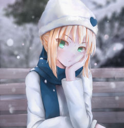 Rule 34 | 1girl, ahoge, alternate costume, artoria pendragon (all), artoria pendragon (fate), bad id, bad pixiv id, beanie, blonde hair, blue scarf, colored eyelashes, fate/stay night, fate (series), green eyes, hat, head rest, looking at viewer, magicians (zhkahogigzkh), saber (fate), scarf, snowing, solo