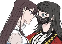 Rule 34 | 2girls, a jak, bang dream!, bang dream! it&#039;s mygo!!!!!, black hair, black mask, blue eyes, brown hair, chain necklace, closed mouth, commentary request, ear piercing, earclip, earrings, eye contact, jacket, jewelry, korean commentary, long hair, looking at another, mask, mouth mask, multiple girls, necklace, piercing, purple eyes, red jacket, shiina taki, shirt, simple background, upper body, white background, white shirt, yahata umiri, yuri