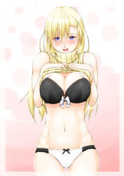 Rule 34 | 1girl, bare shoulders, black bra, blonde hair, blue eyes, blush, bra, breasts, clothes lift, frills, hair ornament, hairclip, halterneck, highres, large breasts, long hair, looking at viewer, navel, niwatazumi, open mouth, original, panties, ribbed shirt, ribbed sweater, shirt, shirt lift, sleeveless, sleeveless turtleneck, solo, sweater, turtleneck, underwear, underwear only, white panties