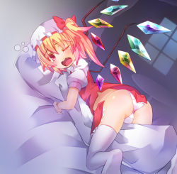 Rule 34 | 1girl, ass, blonde hair, blush, body pillow, flandre scarlet, hat, one eye closed, open mouth, panties, pillow, rando seru, red eyes, short hair, side ponytail, solo, tears, thighhighs, touhou, underwear, white thighhighs, wince, wings