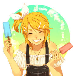 Rule 34 | 1girl, alternate hairstyle, bad id, bad pixiv id, bare shoulders, casual, female focus, food, gradient background, kagamine rin, overalls, popsicle, side ponytail, solo, tim (tim411), vocaloid