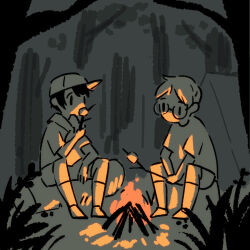 Rule 34 | 2boys, campfire, food, forest, greyscale, lloyd (mother), log, male focus, marshmallow, monochrome, mother (game), mother 1, multiple boys, nature, neckerchief, ninten, nintendo, outdoors, roasted marshmallow, round eyewear, shifumame, short hair, short sleeves, sideways hat, sitting, socks, solid oval eyes, spot color, tent, tree