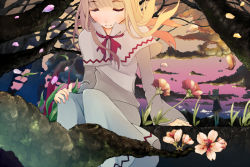 Rule 34 | 2girls, bad id, bad pixiv id, blonde hair, blue hair, cherry blossoms, cloud, closed eyes, female focus, flower, hat, leaf, letty whiterock, lily white, mountain, multiple girls, short hair, sitting, tokoroten (hmmuk), touhou, tree