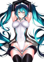 Rule 34 | 1girl, absurdres, ahoge, aqua eyes, aqua hair, armpits, arms up, bare shoulders, blush, boots, breasts, elbow gloves, gloves, grin, groin, hatsune miku, headphones, highres, leotard, long hair, looking at viewer, medium breasts, race queen, racing miku, racing miku (2011), sidelocks, sleeveless, smile, solo, thigh boots, thighhighs, twintails, ulrich (tagaragakuin), very long hair, vocaloid