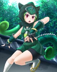 Rule 34 | &gt;:o, 10s, 1girl, :o, bike shorts, black gloves, blouse, bracer, chameleon tail, day, fingerless gloves, forest, gloves, green hair, green shirt, highres, hood, kakutasu (akihiron cactus), kemono friends, looking at viewer, nature, open mouth, outdoors, panther chameleon (kemono friends), red eyes, shirt, sleeveless, sleeveless shirt, solo, tabi, tail, v-shaped eyebrows