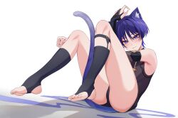 Rule 34 | 1boy, absurdres, animal ears, ass, black shirt, black thighhighs, blush, cat ears, cat tail, chobonu, closed mouth, feet, genshin impact, hair between eyes, highres, japanese clothes, looking at viewer, male focus, purple eyes, purple hair, purple tail, scaramouche (genshin impact), shirt, short hair, solo, tail, thighhighs, toes, white background