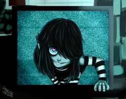 Rule 34 | 1girl, creepy, crossover, detached sleeves, grin, hair over one eye, heart, heart-shaped pupils, lucy loud, smile, striped legwear, striped sleeves, symbol-shaped pupils, television, the loud house, the ring