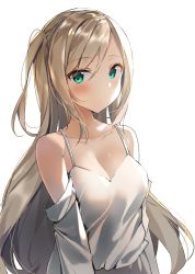 Rule 34 | 1girl, bad id, bad twitter id, blonde hair, blue eyes, blush, breasts, cleavage, closed mouth, collarbone, girls&#039; frontline, hair between eyes, long hair, looking at viewer, medium breasts, off shoulder, sabet (young ouo), shirt, sidelocks, simple background, singlet, solo, suomi (girls&#039; frontline), white singlet