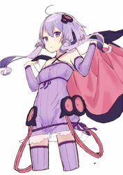 Rule 34 | 1girl, :&lt;, ahoge, cowboy shot, cropped legs, frills, hair ornament, holding, hood, hooded jacket, jacket, kitada mo, long hair, looking at viewer, purple eyes, purple hair, purple thighhighs, simple background, solo, thighhighs, twintails, vocaloid, voiceroid, white background, yuzuki yukari