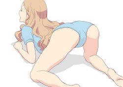 Rule 34 | 1girl, all fours, ass, aurore, barefoot, blonde hair, blue leotard, closed eyes, female focus, leotard, long hair, open mouth, original, simple background, smile, solo, takatou sora, white background