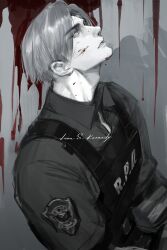 Rule 34 | 1boy, absurdres, blood, blood drip, blood on face, bulletproof vest, character name, collared shirt, commentary, greyscale, head tilt, highres, kami off record, leon s. kennedy, looking up, male focus, monochrome, parted lips, police badge, resident evil, shirt, short hair, simple background, solo, spot color, teeth, thick eyebrows, upper body
