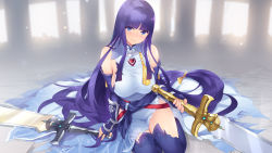 Rule 34 | 1girl, alondite, altina (fire emblem), arm guards, blue eyes, breasts, cait aron, closed mouth, dress, elbow gloves, fingerless gloves, fire emblem, fire emblem: radiant dawn, fire emblem heroes, gloves, highres, holding, holding sword, holding weapon, large breasts, lips, long hair, nintendo, purple gloves, purple hair, purple thighhighs, ragnell, sitting, sleeveless, sleeveless dress, solo, sword, thighhighs, torn clothes, very long hair, weapon