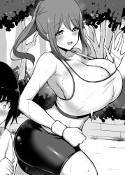 Rule 34 | 1boy, 1girl, age difference, bare shoulders, blush, bouncing breasts, breasts, bursting breasts, cleavage, cowboy shot, dot nose, half-closed eyes, hanabi (ocha), heart, heart-shaped pupils, highres, midriff, monochrome, nervous, open mouth, original, out of frame, outdoors, ponytail, salute, shiny clothes, short shorts, shorts, size difference, sports bra, sportswear, standing, sweat, symbol-shaped pupils, tree