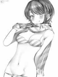 Rule 34 | 1girl, absurdres, bare arms, bare shoulders, bikini, breasts, cowboy shot, gloves, greyscale, groin, highres, hololive, light blush, looking at viewer, medium breasts, monochrome, nanashi (nlo), navel, oozora subaru, scarf, short hair, simple background, smile, solo, stomach, striped bikini, striped clothes, striped scarf, swimsuit, virtual youtuber