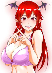 Rule 34 | 1girl, bare shoulders, blush, bow, bra, breasts, collarbone, crossed fingers, demon wings, fang, fingernails, gradient background, grin, hair between eyes, hands up, head wings, highres, index fingers raised, koakuma, large breasts, long hair, looking at viewer, open mouth, pink background, pointy ears, purple bra, red bow, red eyes, red hair, shiraue yuu, sidelocks, smile, solo, sweat, touhou, underwear, underwear only, upper body, white background, wings, x fingers