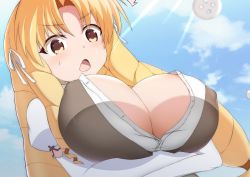 Rule 34 | 1girl, :o, bad id, bad twitter id, blonde hair, blue sky, blush, breasts, brown eyes, bursting breasts, buttons, cleavage, cloud, commentary request, coyomin, crossed arms, day, drill hair, dutch angle, fate/kaleid liner prisma illya, fate (series), flying button, hair ribbon, homurahara academy school uniform, huge breasts, large breasts, long hair, luviagelita edelfelt, open mouth, popped button, ribbon, ringlets, school uniform, sky, solo, sunlight, sweatdrop, upper body, white ribbon