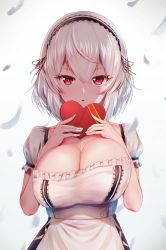 Rule 34 | 1girl, apron, azur lane, box, breasts, cleavage, collarbone, commentary request, dress, frilled dress, frills, hair between eyes, hands up, headdress, heart-shaped box, highres, holding, holding box, large breasts, looking at viewer, parted lips, red eyes, short hair, short sleeves, sirius (azur lane), solo, standing, taut clothes, taut dress, upper body, valentine, west 24, white apron, white background, white hair