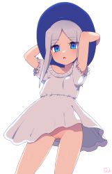 Rule 34 | 10s, 1girl, blue eyes, blue hair, bottomless, cleft of venus, dress, eyes visible through hair, female focus, future card buddyfight, hat, moyori, no panties, off shoulder, open mouth, pussy, short hair with long locks, short sleeves, signature, simple background, sofia sakharov, solo, swimsuit, uncensored