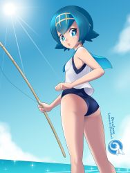 Rule 34 | 10s, 1girl, ass, bare arms, bare legs, bare shoulders, blue eyes, blue hair, blue sky, blunt bangs, cloud, creatures (company), day, eyebrows, female focus, fishing rod, game freak, highres, lana (pokemon), looking back, nintendo, one-piece swimsuit, open mouth, orcaleon, outdoors, pokemon, pokemon sm, shirt, short hair, sky, sleeveless, sleeveless shirt, solo, sparkle, standing, sun, swimsuit, swimsuit under clothes, trial captain, water