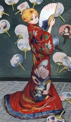 Rule 34 | 1girl, absurdres, blonde hair, chanta (ayatakaoisii), character print, fine art parody, folding fan, from side, full body, grey eyes, hair bun, hand fan, hand up, highres, holding, holding fan, japanese clothes, kimono, la japonaise, long sleeves, looking at viewer, looking to the side, paper fan, parody, print kimono, red kimono, single hair bun, smile, solo