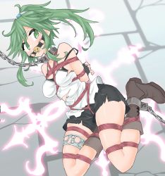 Rule 34 | 1girl, absurdres, arms behind back, ball gag, bdsm, bondage, boots, bound, breasts, chain, chain leash, chained, collar, duel monster, fingerless gloves, gag, gagged, gloves, green eyes, green hair, highres, leash, medium breasts, metal collar, ponytail, rioreori, rope, saliva, shibari, shibari over clothes, shorts, slave, thighlet, torn clothes, wiffle gag, winda (yu-gi-oh!), winda priestess of gusto, yu-gi-oh!