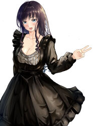 Rule 34 | 1girl, absurdres, amagami, black dress, black hair, blue eyes, breasts, cleavage, collarbone, commentary request, curly hair, dress, drill hair, highres, large breasts, long dress, long hair, long sleeves, looking at viewer, morishima haruka, open mouth, shinshiya san, simple background, solo, standing, v, white background