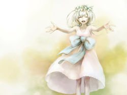 Rule 34 | 1girl, bow, collarbone, dress, closed eyes, flower, hair flower, hair ornament, joka (night gate), long hair, nier (series), outstretched arms, smile, solo, white dress, white hair, yonah