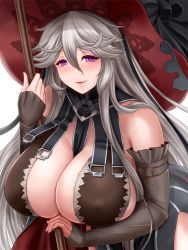 Rule 34 | 1girl, blush, breasts, cleavage, covered erect nipples, elbow sleeve, granblue fantasy, hair between eyes, hat, holding, holding pole, huge breasts, long hair, magisa (granblue fantasy), multicolored clothes, pole, purple eyes, silver hair, smile, suzuki sakura, thick lips, very long hair, witch hat