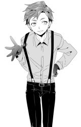Rule 34 | 1boy, alternate costume, black pants, collared shirt, cowboy shot, gloves, greyscale, grin, hand on own hip, ikuhashi muiko, long sleeves, looking to the side, male focus, monochrome, pants, robotics;notes, shirt, short hair, smile, solo, suspenders, suspenders pull, teeth, white background, yashio kaito