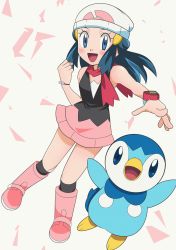 Rule 34 | 1girl, :d, beanie, blue eyes, blue hair, blush, boots, bracelet, clenched hand, commentary, creatures (company), dawn (pokemon), eyelashes, floating hair, game freak, gen 4 pokemon, hainchu, hat, highres, jewelry, kneehighs, long hair, looking at viewer, nintendo, open mouth, outstretched arm, pink footwear, pink skirt, piplup, pokemon, pokemon (anime), pokemon (creature), pokemon dppt (anime), scarf, shirt, skirt, sleeveless, sleeveless shirt, smile, socks, tongue, white headwear