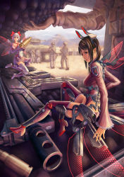 Rule 34 | 2girls, absurdres, boots, brown eyes, brown hair, bullet, fairy, fairy wings, foreshortening, gun, high heels, highres, joints, mecha musume, mechanical wings, military, military uniform, mini person, minigirl, multiple girls, original, pinakes, pinax, pointy ears, purple hair, red eyes, robot joints, shoes, thigh boots, thighhighs, uniform, weapon, wings