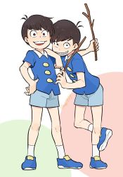 Rule 34 | 2boys, arm on another&#039;s shoulder, brothers, brown hair, child, grin, hand on own hip, male focus, matching outfits, matsuno choromatsu, matsuno osomatsu, multiple boys, osomatsu-kun, osomatsu (series), shorts, siblings, simple background, smile, sticks, tamago toji, twitter username, white background, wing collar
