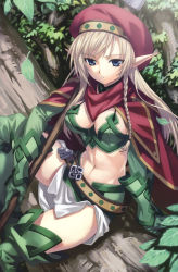 Rule 34 | 00s, 1girl, abs, absurdres, alleyne (queen&#039;s blade), alleyne (queen's blade), belt, beret, blonde hair, blue eyes, boots, braid, breasts, cape, cleavage, elbow gloves, elf, fighting master alleyne, gloves, green footwear, hat, highres, leaf, long hair, looking at viewer, matsuryuu, medium breasts, midriff, navel, official art, parted lips, pointy ears, queen&#039;s blade, side braid, sitting, skirt, solo, thighhighs, tree