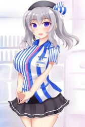 Rule 34 | 10s, 1girl, arlonn, blue eyes, blush, breasts, clerk, employee uniform, hat, highres, kantai collection, kashima (kancolle), large breasts, lawson, long hair, looking at viewer, open mouth, silver hair, skirt, smile, solo, standing, twintails, uniform