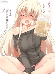 Rule 34 | 1girl, alcohol, beer, beer mug, bismarck (kancolle), black panties, blonde hair, blush, breasts, closed eyes, collarbone, crossed legs, cup, foam, foam mustache, glass, heart, highres, holding, kantai collection, large breasts, long hair, long sleeves, mug, musical note, one-hour drawing challenge, open mouth, panties, saliva, simple background, sitting, solo, sweater, takase muh, underwear, white background