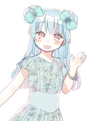 Rule 34 | 1girl, blue dress, blue hair, blush, bow, bracelet, cha ipride, double bun, dress, floral print, green bow, hair bow, hair bun, hand up, highres, hyodou shizuku, idoly pride, jewelry, long bangs, long hair, looking at viewer, open hand, open mouth, print dress, red eyes, short sleeves, simple background, smile, solo, upper body, white background