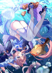 Rule 34 | 1girl, :d, absurdres, air bubble, ass, blue bow, blue eyes, bow, bubble, commentary request, fish, genshin impact, gloves, highres, jellyfish, long sleeves, navel, open mouth, pink hair, sandals, sangonomiya kokomi, smile, solo, stomach, thighhighs, thighs, underwater, wanatsu 15, white gloves, white thighhighs