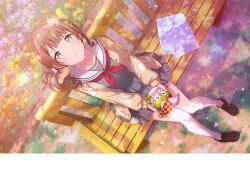 1girl bench breasts brown_footwear brown_hair collarbone colorful_palette garden grey_eyes highres holding jacket looking_up medium_breasts medium_hair miyamasuzaka_girls&#039;_academy_school_uniform mochizuki_honami official_art paper pen phenny_(project_sekai) project_sekai resonate_with_you_(project_sekai) sailor_collar school_uniform side_ponytail sitting skirt socks thighhighs third-party_source wooden_bench